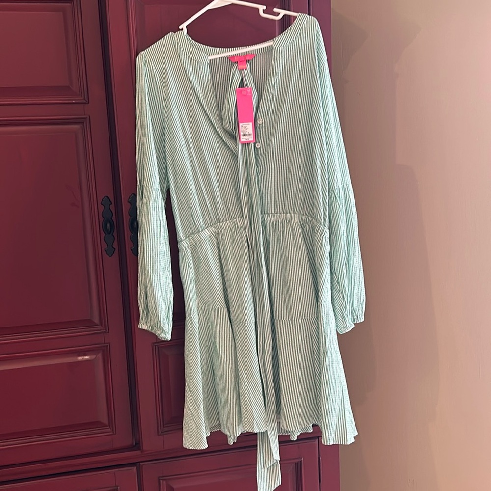 Lilly Pulitzer Mini Dress 16 Carla Striped Green White Seersucker Long Sleeves - Picture 3 of 3